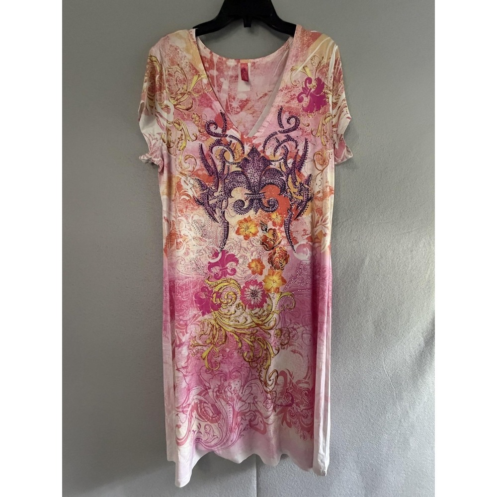 R rouge T Shirt Dress Women's Large Pink Floral V Neck Rhinestone Graphic Casual
